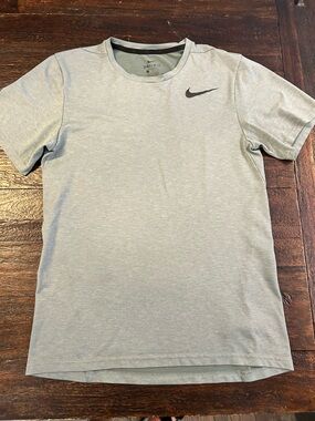 Nike Men's Light Heather Sage Dri-FIT Short Sleeve Shirt with Black Swoosh